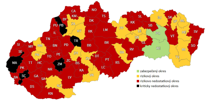 Mapa klasifikácie okresov - všeobecné lekárstvo pre dospelých