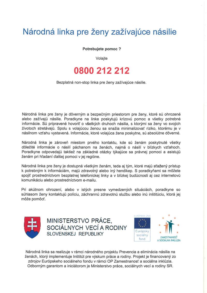 Národná linka pre ženy zažívajúce násilie 0800 212 212