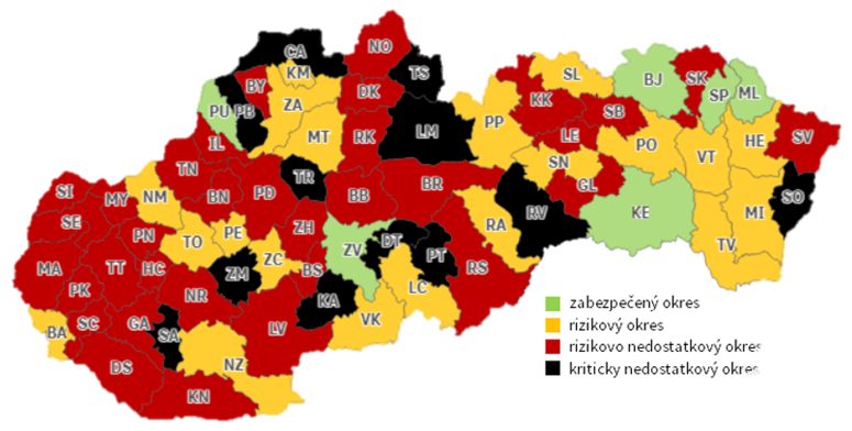 Mapa klasifikácie okresov - všeobecné lekárstvo pre dospelých